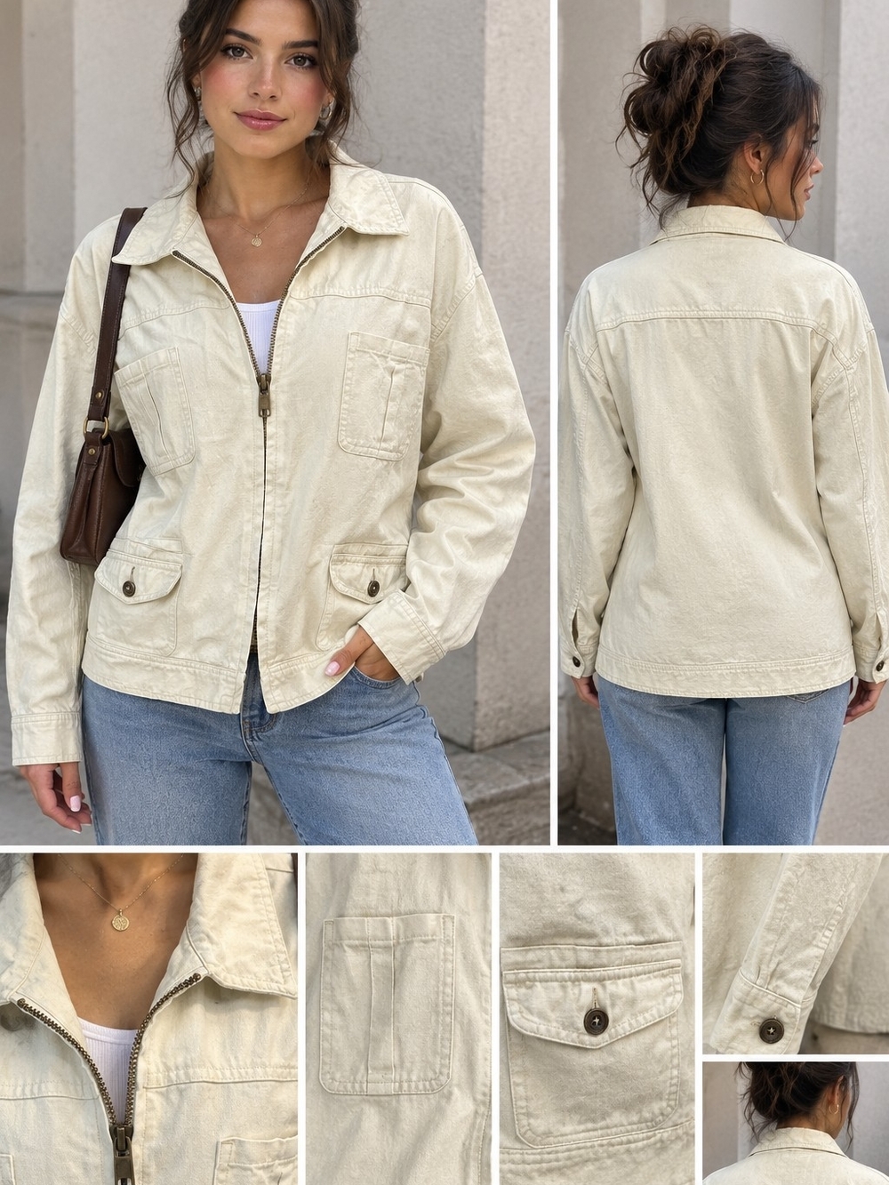 J. Jill Light Cream Zip-Front Utility Jacket